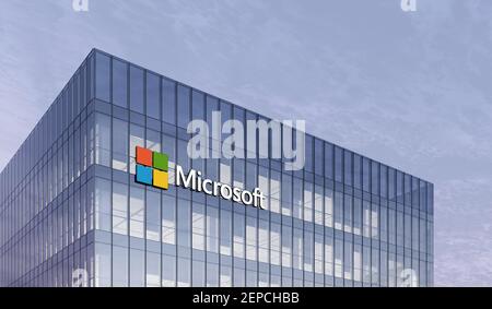 Redmond, United States. February 25, 2021. Editorial Use Only, 3D CGI. Microsoft Corporation Holding Signage Logo on Top of Glass Building. Workplace Stock Photo