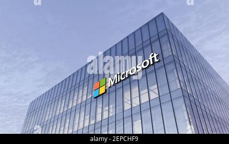 Redmond, United States. February 25, 2021. Editorial Use Only, 3D CGI. Microsoft Corporation Holding Signage Logo on Top of Glass Building. Workplace Stock Photo