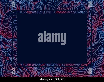 Psychedelic abstract frame with bright decorative lines neon pink blue color gradient outline and space place for text, isolated on dark Stock Vector