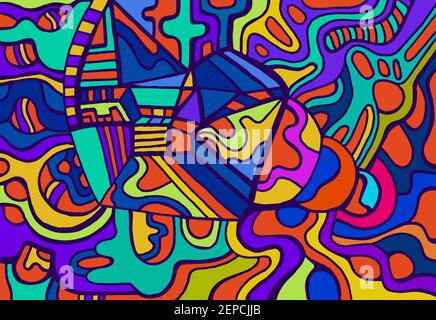 Fun joyful colorful doodle psychedelic background. Rainbow colors abstract pattern Stock Vector