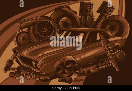 Car with spare parts vector illustration design Stock Vector