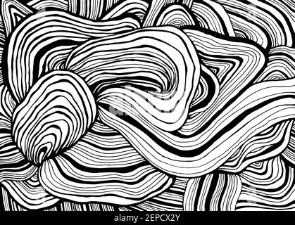 Black and white Waves creative decorative abstract background, psychedelic coloring page for adults. Stock Vector