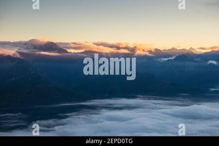 View of Lasorling mountain gruoup at sunset. Lasorling gruppe. Virgental alpine valley. Osttirol. Austrian Alps. Europe Stock Photo