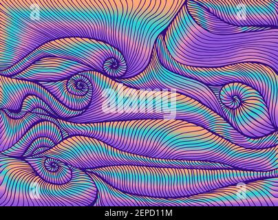 Retro hippie style bright abstract psychedelic waves, vivid gradient colors orange blue purple. Stock Vector