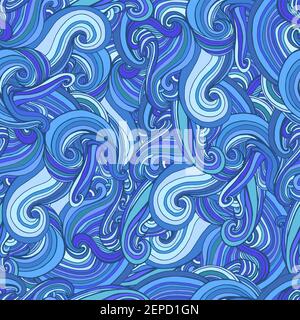 Colorful psychedelic abstract decorative waves seamless pattern, in blue cyan dark blue color. Stock Vector