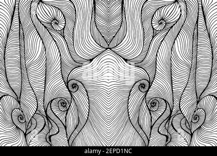 Waves psychedelic curly black and white abstract coloring page. Stock Vector