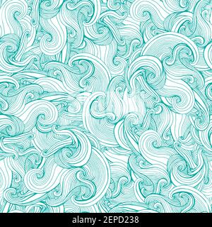 Waves colorful abstract seamless pattern, turquoise outline and white ornament. Stock Vector