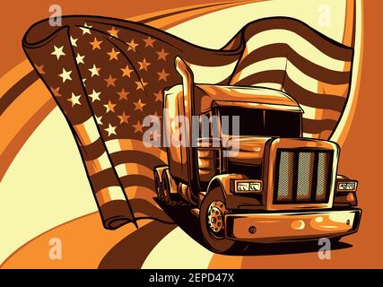 Classic American Truck. Vector illustration with american flag Stock Vector