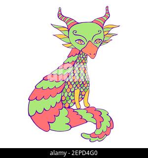 Dragon bright colorful fantasy cartoon character, sitting with a beautiful coiled tail, isolated on white background. Stock Vector