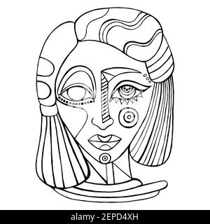 Surreal abstract fantasy face girl Coloring page for adult and kids. Stock Vector
