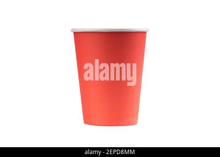 red coral paper cup isolated on white background. utensil and disposable kitchenware. coffee to go cup mockup. Stock Photo