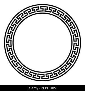 Circle frame with simple meander pattern. Decorative border, made of continuous lines, shaped into a seamless motif. Also known as Greek key pattern. Stock Photo