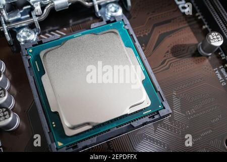cpu processor microchip at circuit board. close up. technologies concept. Stock Photo