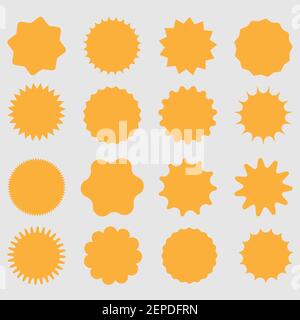 Yellow shopping labels collection. Sale or discount sticker. Special offer price tag. Supermarket promotional badge. Vector sunburst icon. Stock Vector