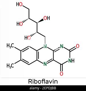 Riboflavin, vitamin B2 molecule.  It is water-soluble flavin, is found in food, used as a dietary supplement E101.  Skeletal chemical formula. Illustr Stock Photo