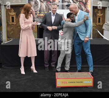 (L-R) Karen Gillan, Will Ferrell, Kevin Hart and Dwayne Johnson at the