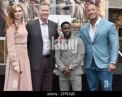 (L-R) Karen Gillan, Will Ferrell, Kevin Hart and Dwayne Johnson at the