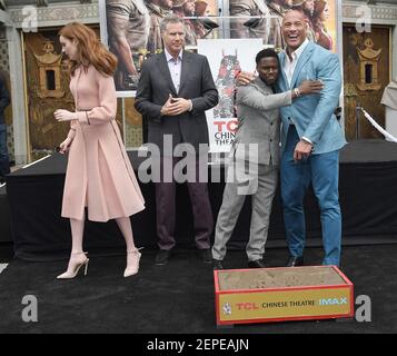 (L-R) Karen Gillan, Will Ferrell, Kevin Hart and Dwayne Johnson at the