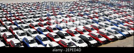 Rows of MG cars manufactured by SAIC Motor are lined up before being exported by shipping on the quay at Lianyungang Port in Lianyungang City, east China's Jiangsu Province on December 11th, 2019. China's auto sales and output continued to recover in November, with both figures rising to a higher level of about 2.5 million vehicles, industry data showed. (Photo by Wang Chun / Costfoto/Sipa USA)