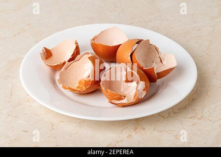 Empty broken eggshells on a plate over kitchen table. Halved shells of brown chicken eggs close-up. Food product high in protein and natural  calcium. Stock Photo