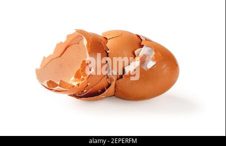 Empty broken eggshells isolated on a white background. Halved shells of brown chicken eggs close-up. Food product high in protein and natural calcium. Stock Photo
