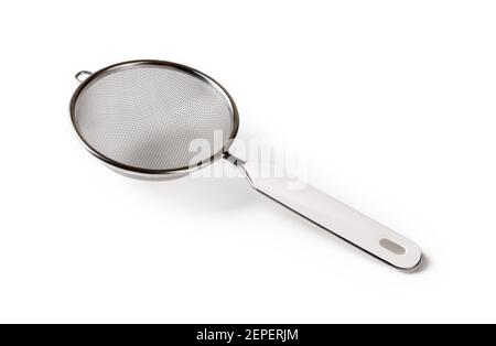 Stainless steel tea strainer with hanging ear isolated on white background. Fine mesh sieve with plastic handle close-up. Modern kitchen utensils. Stock Photo