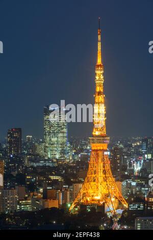 Tokyo Tower, the second tallest structure in Japan, illuminated at night. Stock Photo