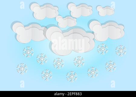 Paper cut clouds with snowflakes on blue sky. Origami art snowing season. Forecast concept with snow.Winter time. Weather forecast.Vector illustration Stock Vector