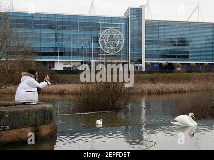 Leicester, Leicestershire, UK. 22nd February 2021. A woman photographs a swan on the River Soar by the King Power Stadium, the home of Leicester City. Stock Photo