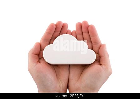 White cloud in hands isolated on white background with clipping path. Cloud computing network concept. Stock Photo
