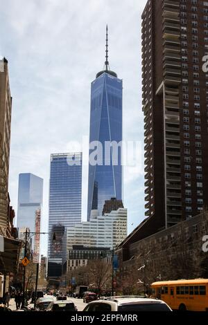 NEW YORK, NY - APRIL 16:  One World Trade Center building  view from Greenwich street  on April 16, 2015 in New York City. Stock Photo