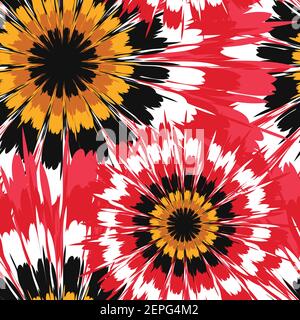 Seamless vector pattern with abstract pink flowers on white background. Tie dye floral Gerbera daisy wallpaper design. Paint stain circle. Stock Vector