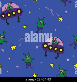 Seamless vector pattern with cartoon aliens on blue background. Simple UFO wallpaper design for children. Hand drawn space fashion textile. Stock Vector
