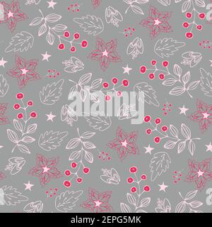Seamless repeat vector pattern with winter floral on grey background. Beautiful Christmas wallpaper design with berries and flowers. Stock Vector
