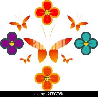 Vector drawing: An attractive group of orange and red butterflies vary in size, in addition to flowers of different colors with a smile Stock Vector