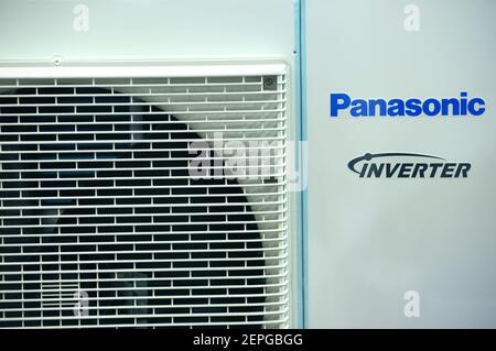 Modern air conditioner inverter Panasonic set on stand during an exhibition Stock Photo