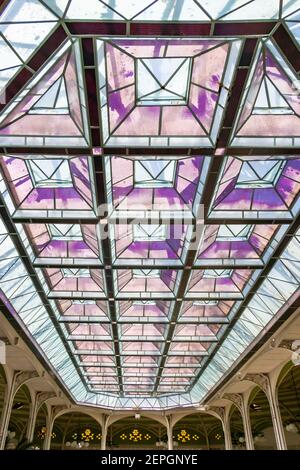 stained glass skylights in roof of the  Hall des Sources in Vichy France Stock Photo