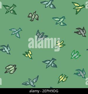 Birds colored in different colors flying on green background Stock Vector