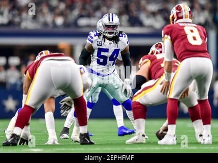 November 22, 2018:.Dallas Cowboys linebacker Jaylon Smith (54) celebrates  as he makes a great play during an NFL football game between the Washington  Redskins and Dallas Cowboys at AT&T Stadium in Arlington