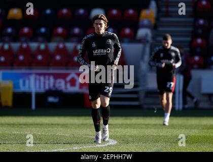 27th February 2021; Brentford Community Stadium, London, England; English Football League Championship Football, Brentford FC versus Stoke City;  Mads Bech Sorensen of Brentford warming up Stock Photo