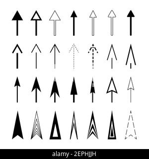 Set of thin oblong arrows, black on white background. Long, triangle, different shapes, pointing upwards. Stock Vector