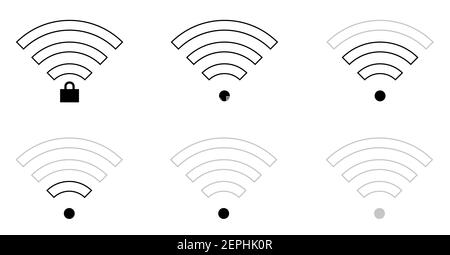 Flat wifi sign icons in straight shape and connection level, locked and unlocked, triangle, thin, thick and round. Stock Vector
