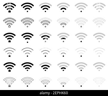 Set of flat wifi sign icons in different shaped and connection level, locked and unlocked, triangle, white inside, thin, thick and round. Stock Vector