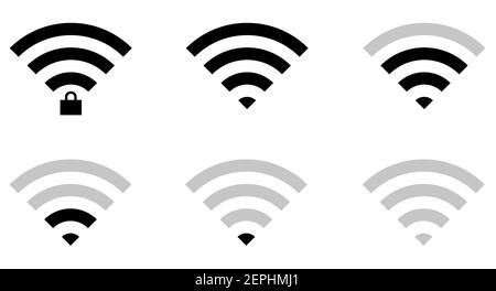Flat wifi sign icons in straight shape and connection level, locked and unlocked, triangle, thin, thick and round. Stock Vector
