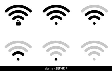 Flat wifi sign icons in round shape and connection level, locked and unlocked, triangle, thin, thick and round. Stock Vector