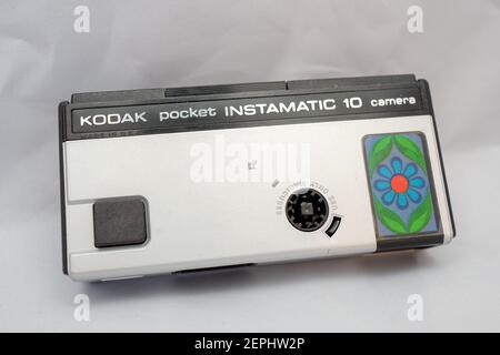 Close-up of Kodak Pocket Instamatic 10 film camera, using the 110 film format with customizable flower power insert, ca 1970s, on white background, July 24, 2019. (Photo by Smith Collection/Gado/Sipa USA)