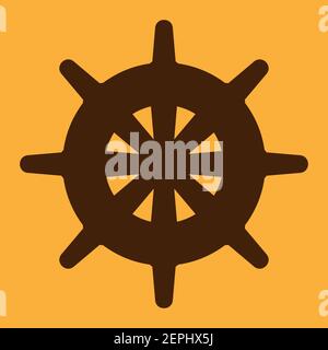 Simple steering wheel for an old ship. Brown flat icon on yellow background. Stock Vector