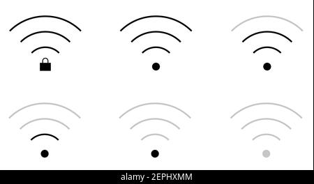 Flat wifi sign icons in thin shape and connection level, locked and unlocked, triangle, thin, thick and round. Stock Vector