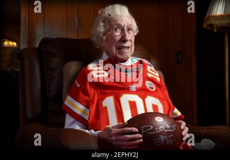 Centenarian Chiefs fan Melba Mills of Bonner Springs was presented with an autographed  football and jersey