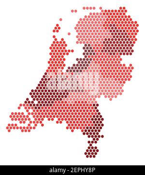 Vector hexagon pixel map of Netherlands administrative regions and areas in red color Stock Vector